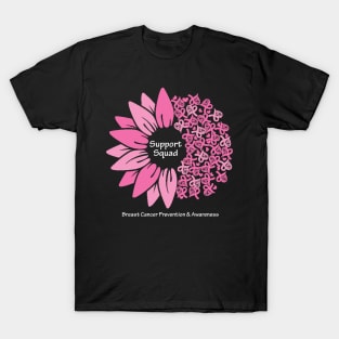 Breast cancer support squad with flower, hearts, ribbons & white type T-Shirt